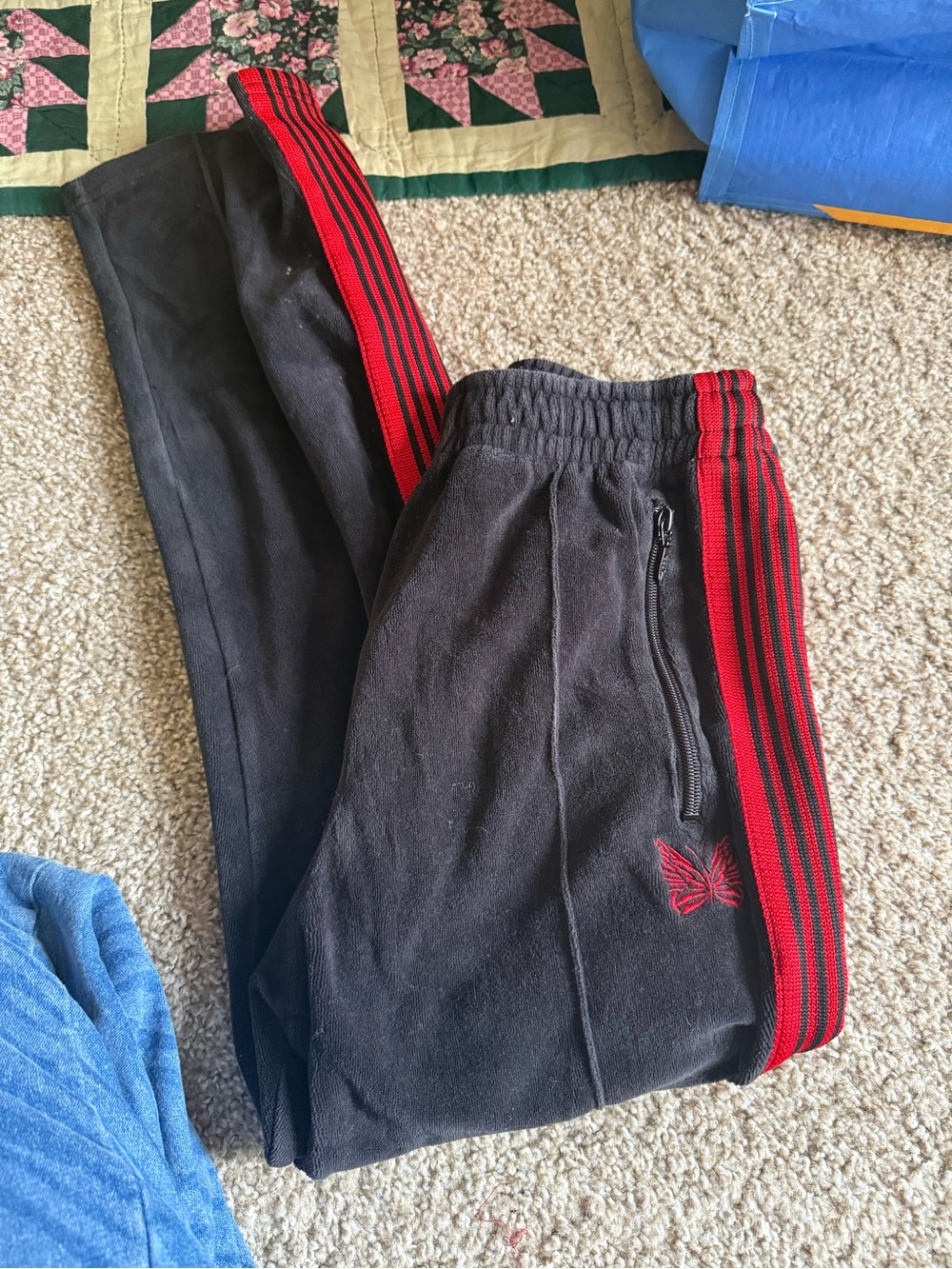 Velour Y2K butterfly sweats Black Track Pants with Red Side Stripes